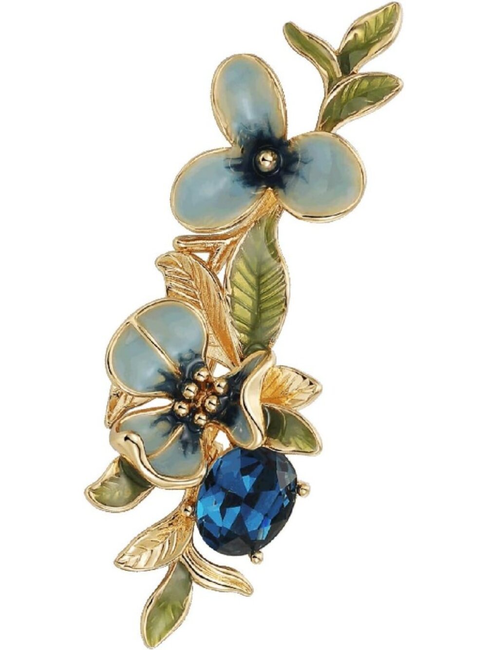 Handcrafted Flower Brooch Pins with Crystals & Green Leaf Design - Unique